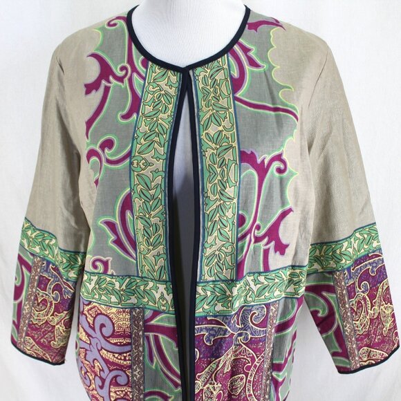Peck & Peck Blazer Jacket Womens Size L Tan Print Open Front Linen Blend - Picture 2 of 7